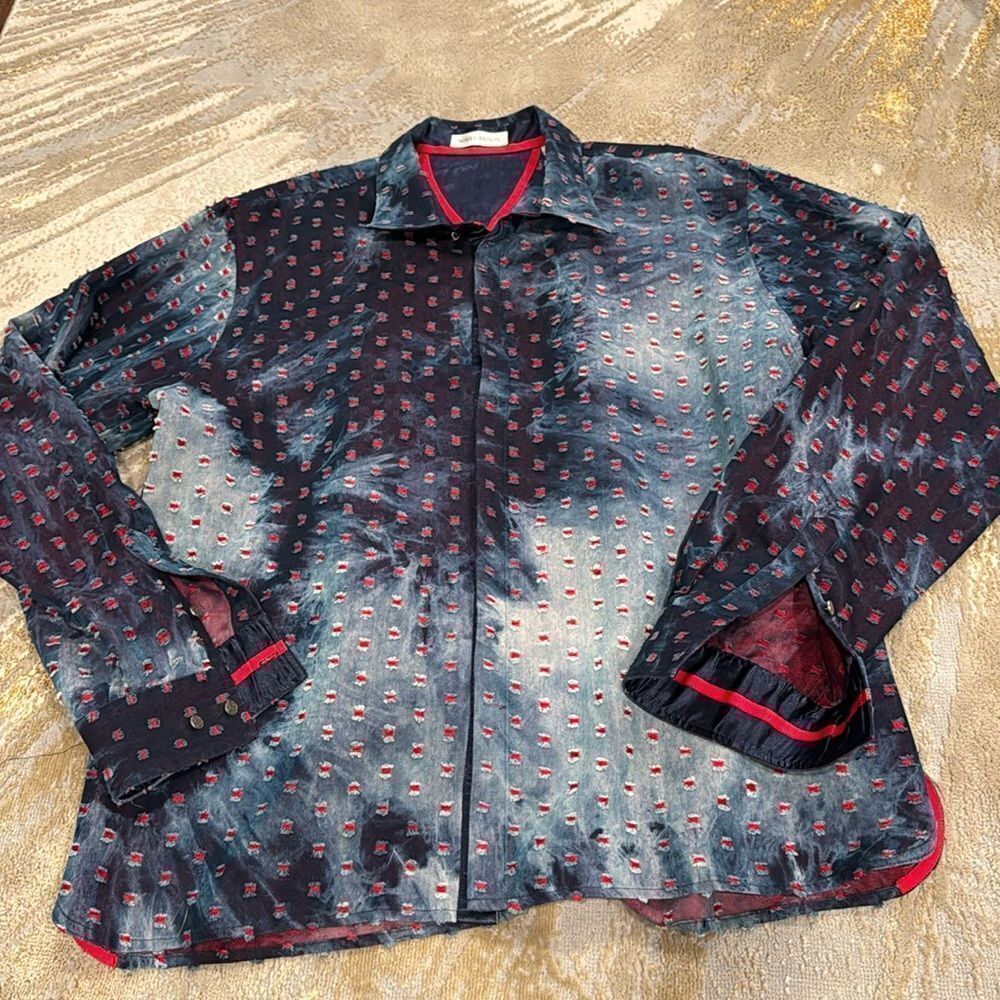 Ross Graison light denim bleached distressed all over unique shirt size XXL EUC‎
